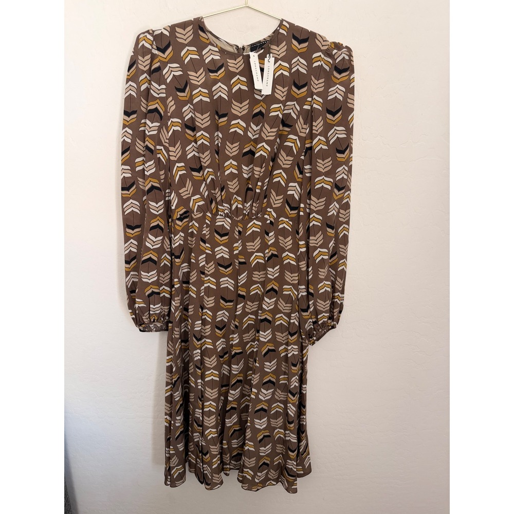 Longchamp Brown Silk Chevron Print Midi Parisian Dress Long Sleeve Size 36 US 4
